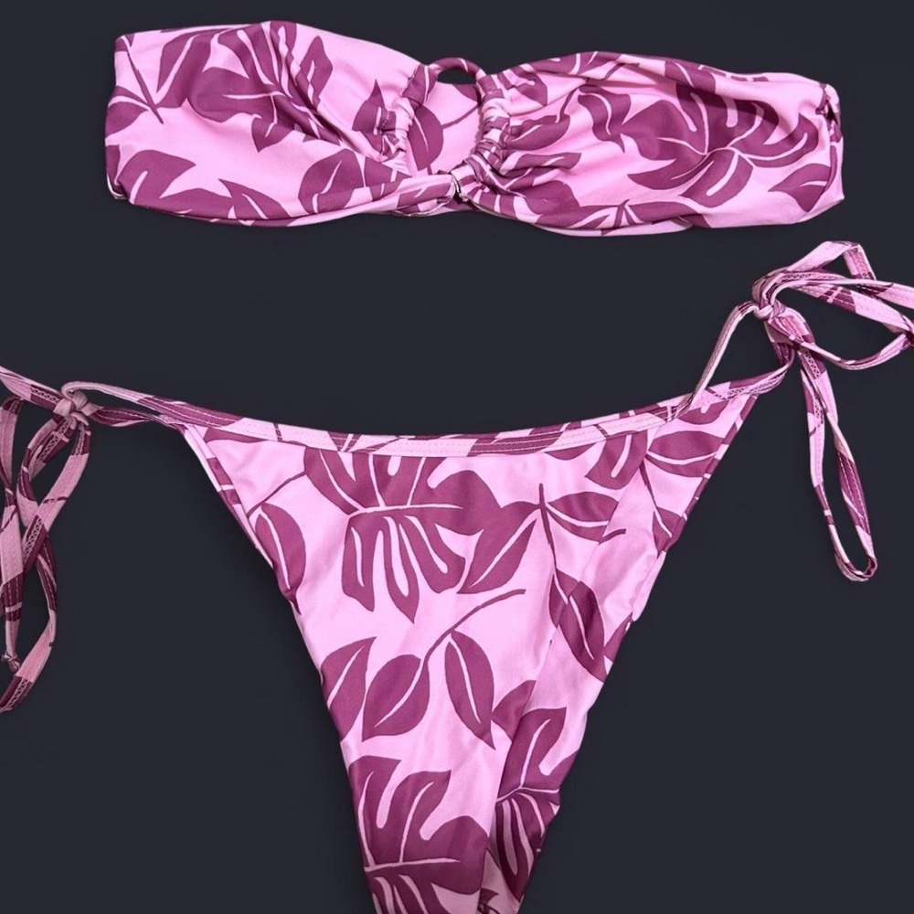 Amazon Pink Leaf-Print Bandeau Bikini Set